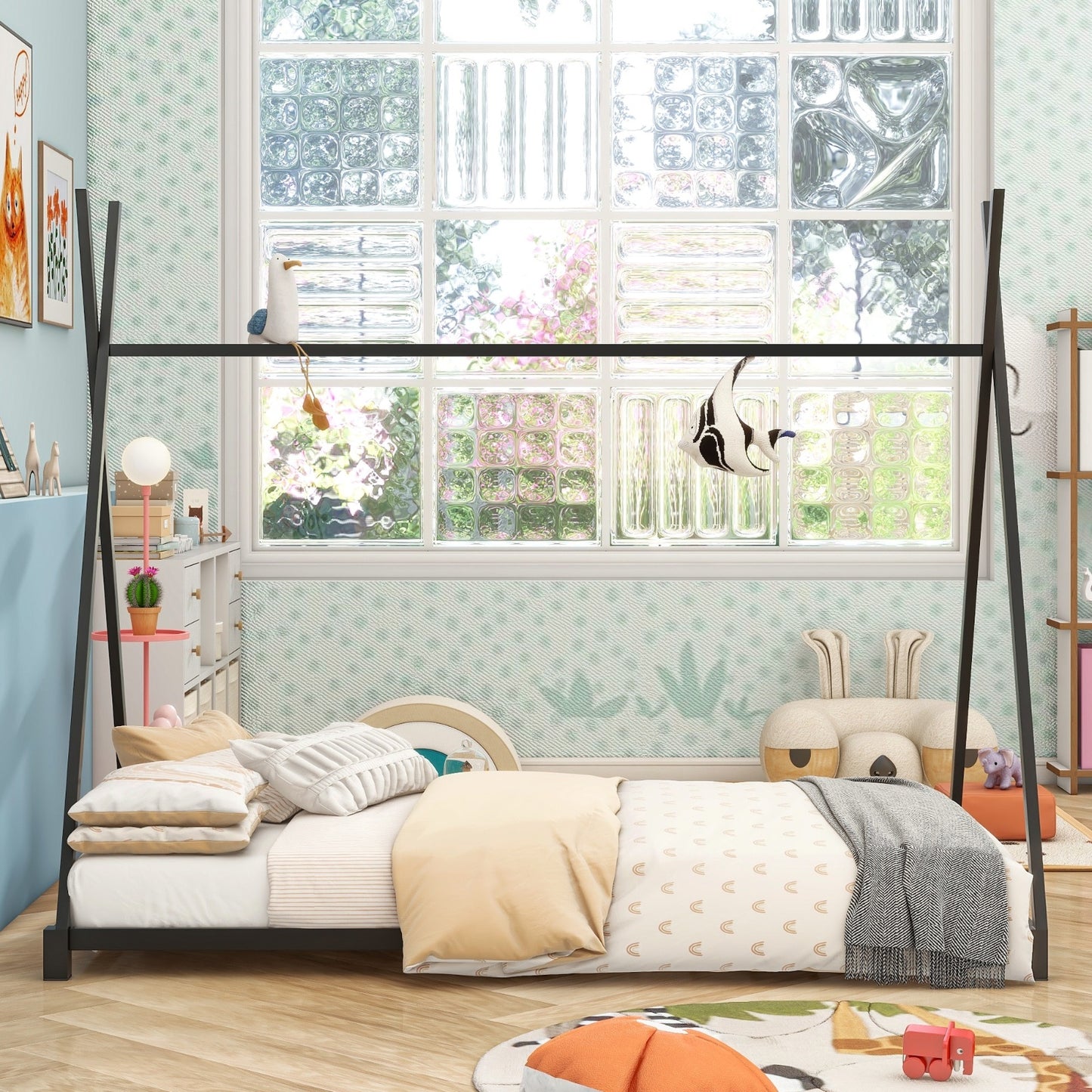 Metal Twin Size House Platform Bed With Triangle Structure, Black