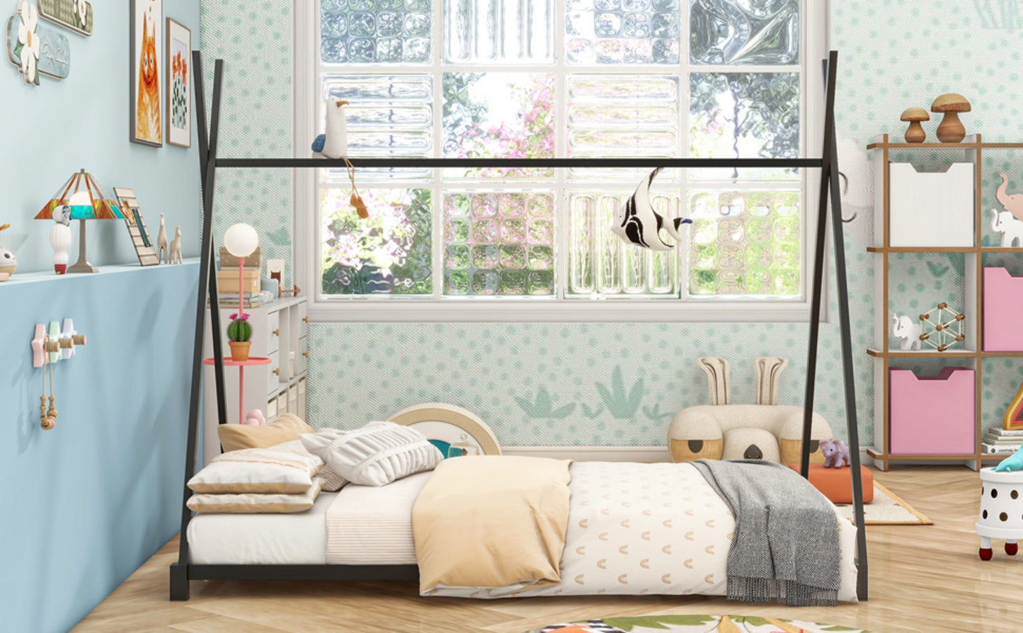 Metal Twin Size House Platform Bed With Triangle Structure, Black