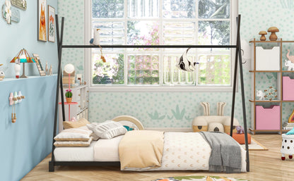 Metal Twin Size House Platform Bed With Triangle Structure, Black